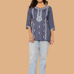 Navy Bloom Embroidery Top