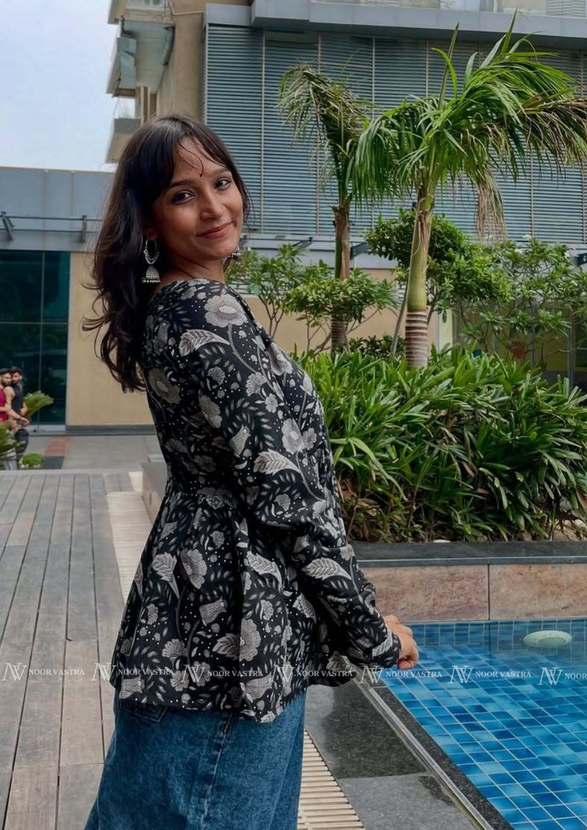 Black Floral Cotton Short Top