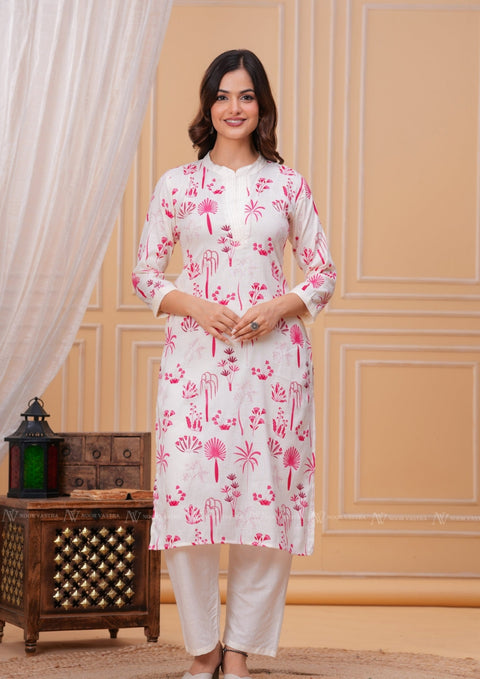 Pink White Printed Cotton Kurti