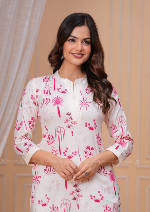 Pink White Printed Cotton Kurti