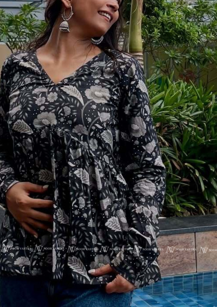 Black Floral Cotton Short Top