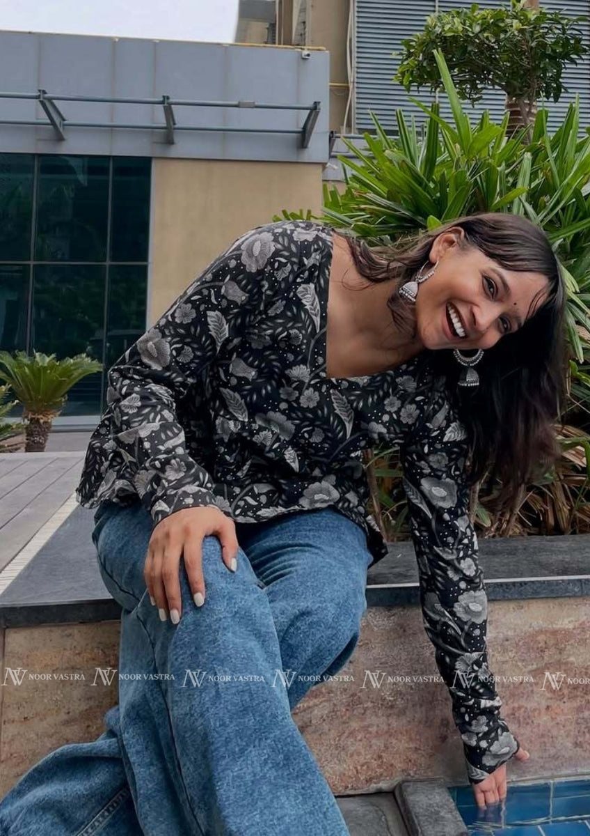 Black Floral Cotton Short Top