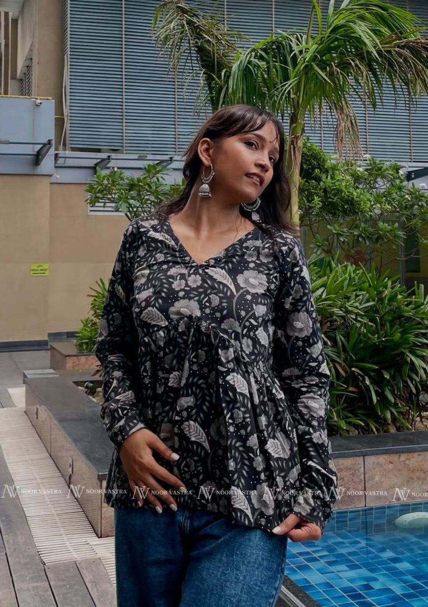 Black Floral Cotton Short Top