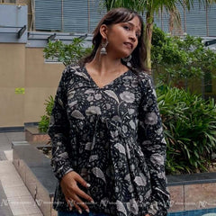 Black Floral Cotton Short Top