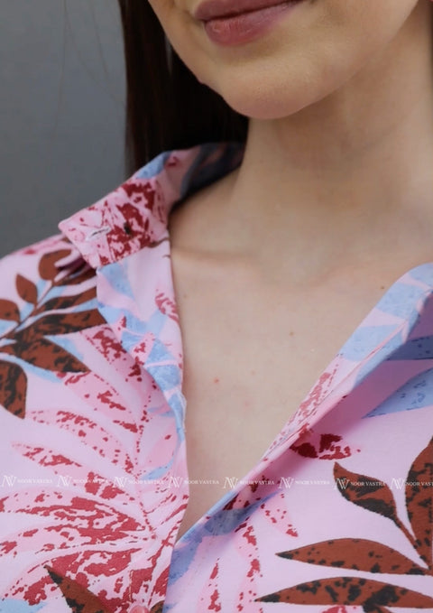 Pink Leaf Shorts Set