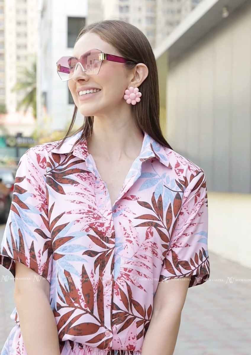 Pink Leaf Shorts Set