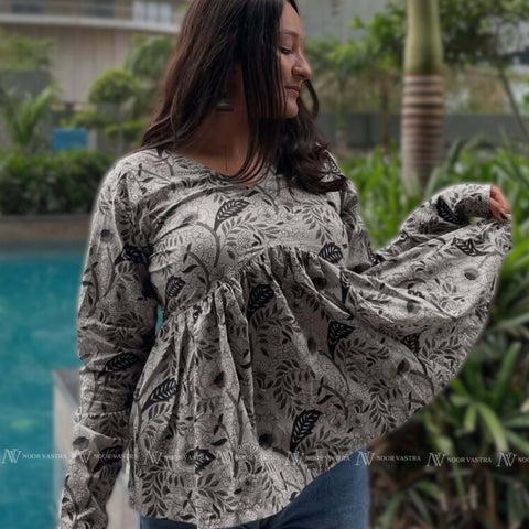 Grey Floral Cotton Short Top