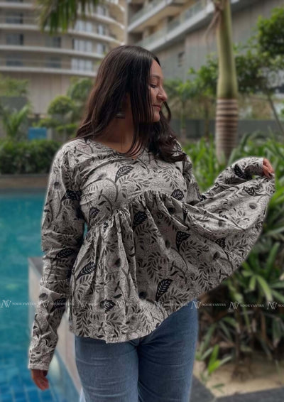 Grey Floral Cotton Short Top