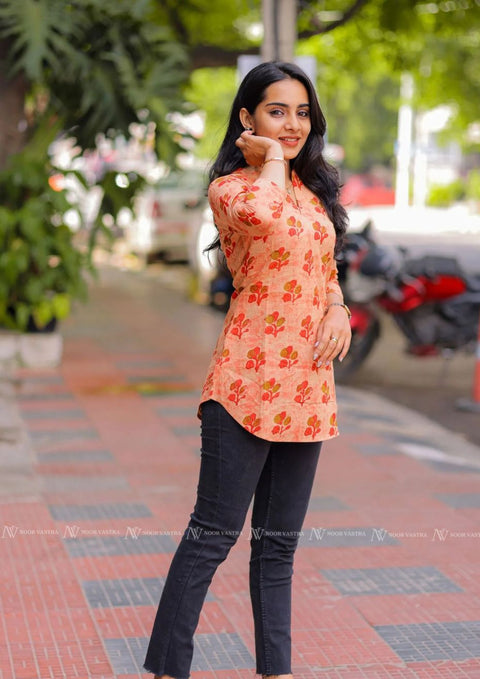 Orange Floral Cotton Short Top