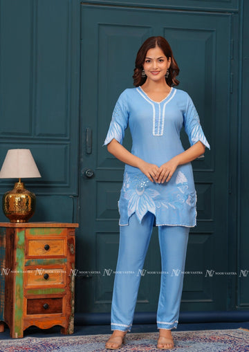 Blue Embroidered Kurti Set
