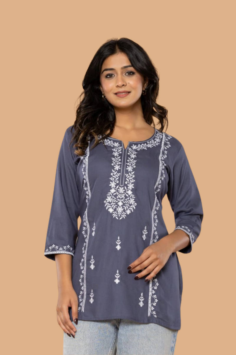Navy Bloom Embroidery Top