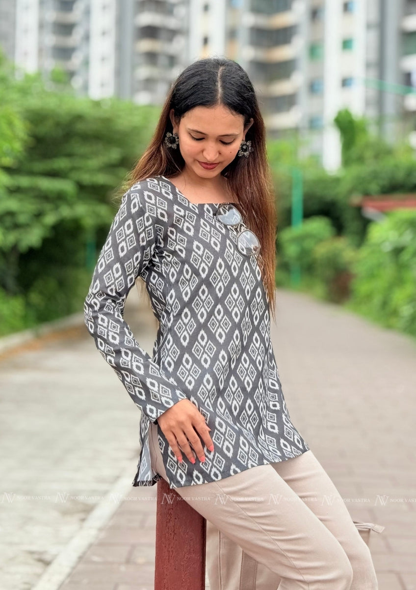 Grey Whisper Ikat Cotton Top