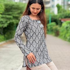 Grey Whisper Ikat Cotton Top