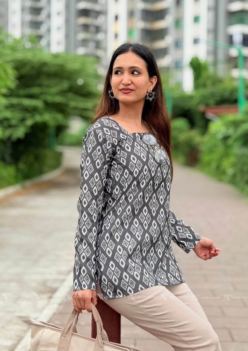 Grey Whisper Ikat Cotton Top