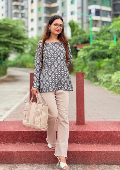Grey Whisper Ikat Cotton Top