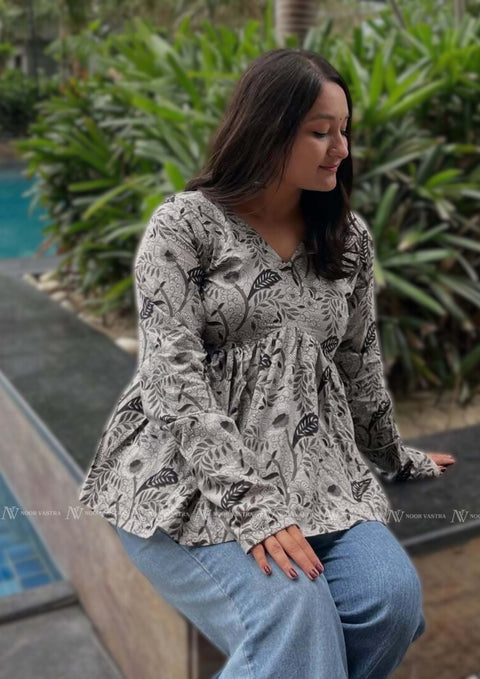 Grey Floral Cotton Short Top