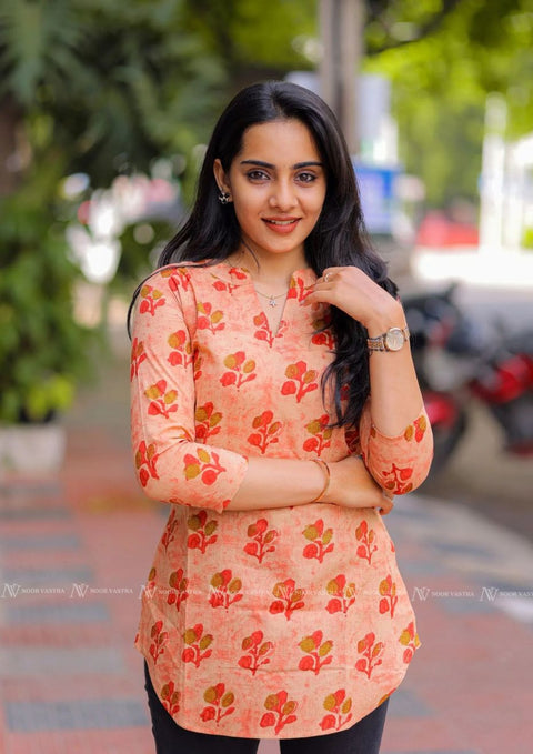 Orange Floral Cotton Short Top