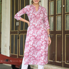 Pink Cotton Jaal Print Kurti