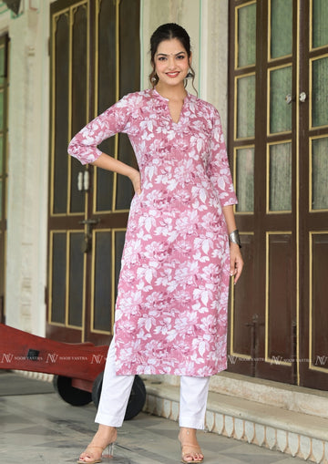 Pink Cotton Jaal Print Kurti