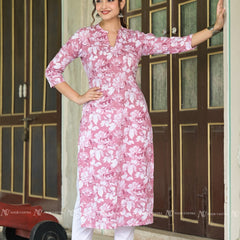Pink Cotton Jaal Print Kurti