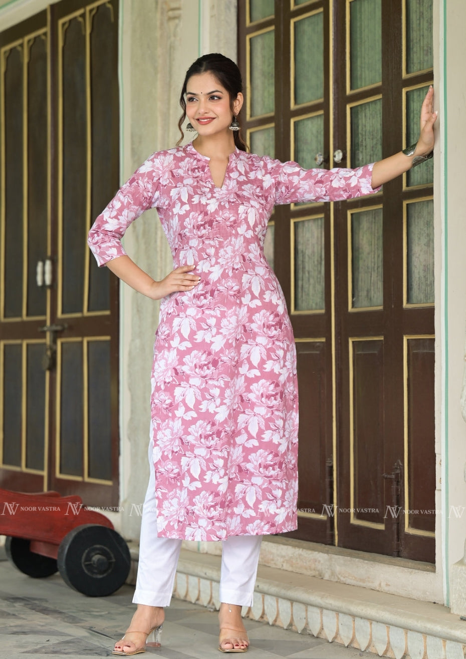 Pink Cotton Jaal Print Kurti