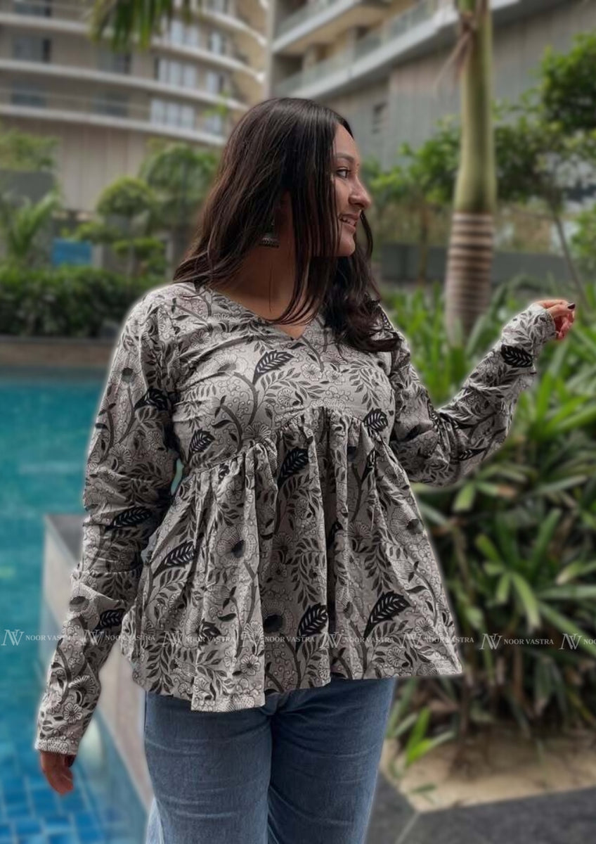 Grey Floral Cotton Short Top