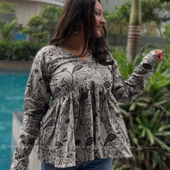 Grey Floral Cotton Short Top
