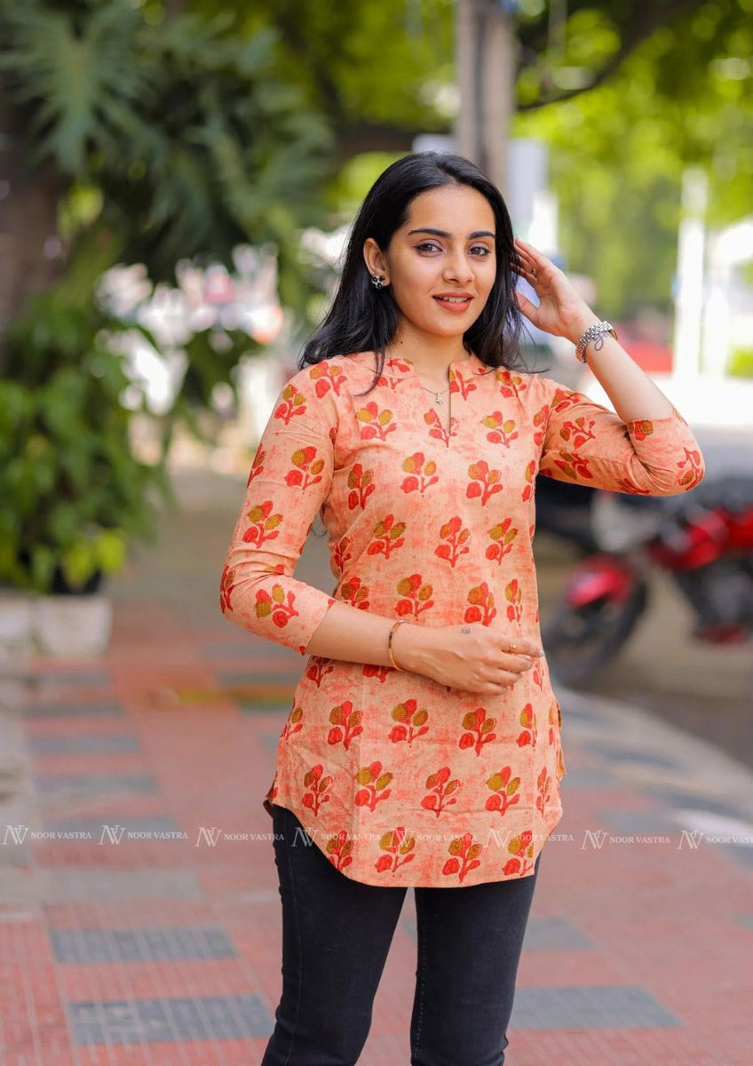 Orange Floral Cotton Short Top