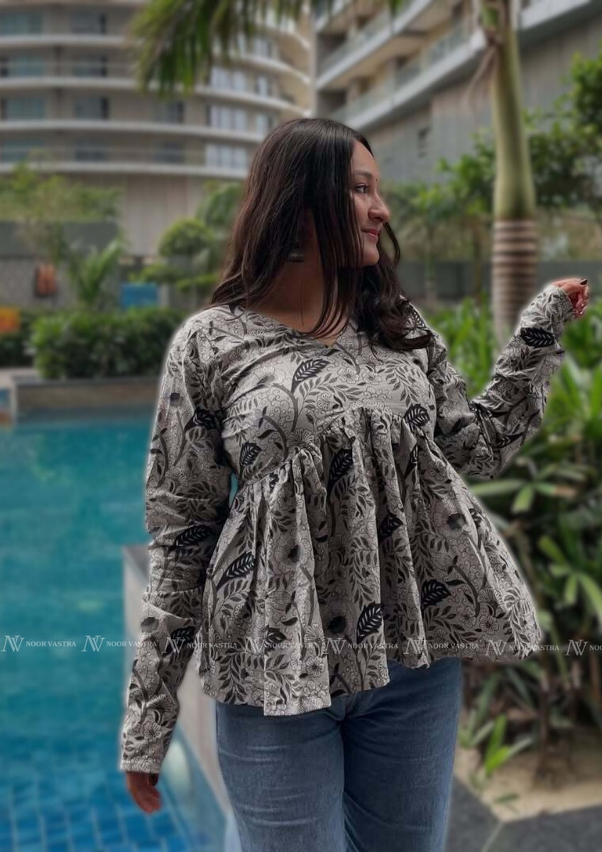 Grey Floral Cotton Short Top
