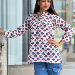 White Floral Cotton Short Top
