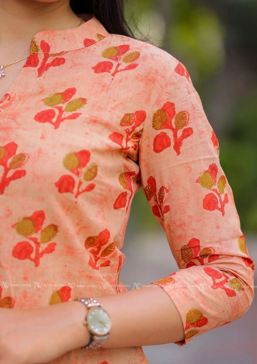 Orange Floral Cotton Short Top