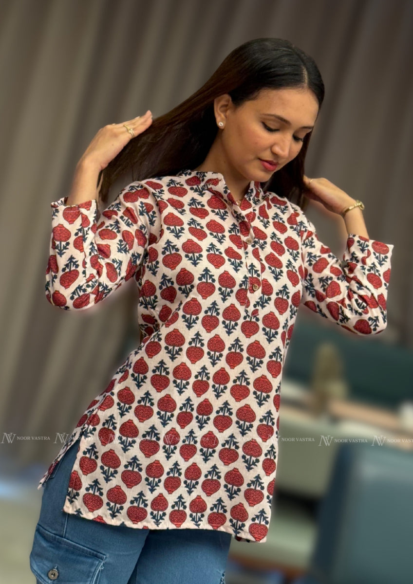 Red Flower Cotton Short Top
