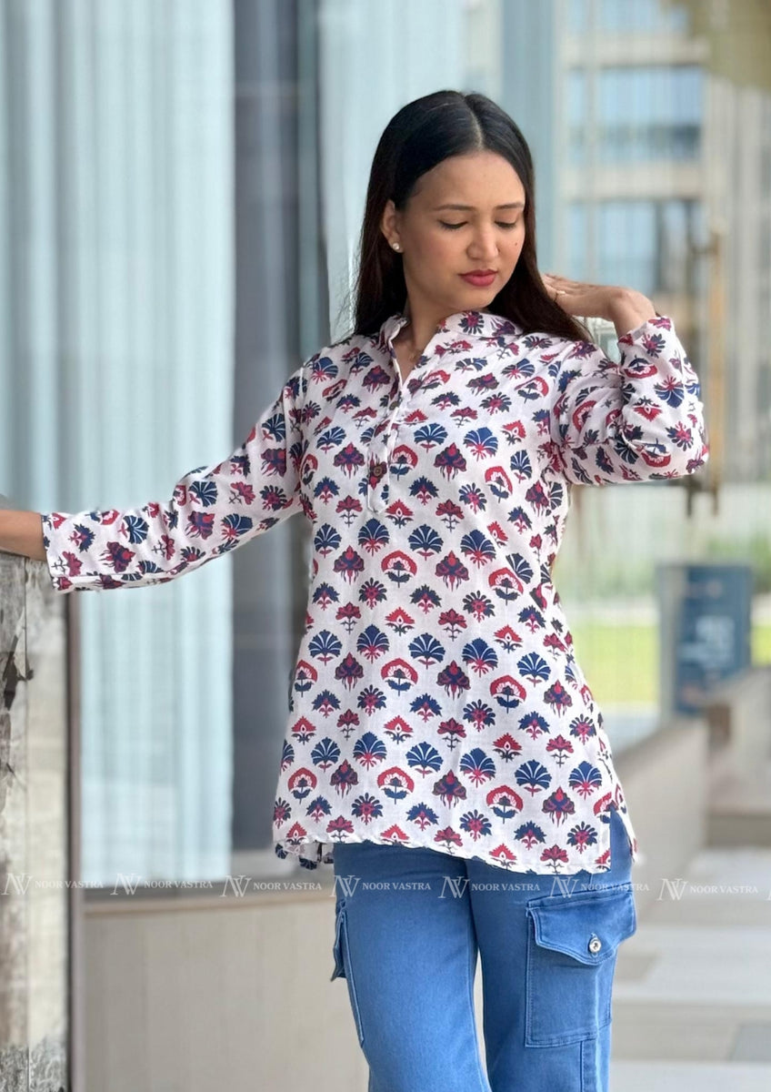 White Floral Cotton Short Top