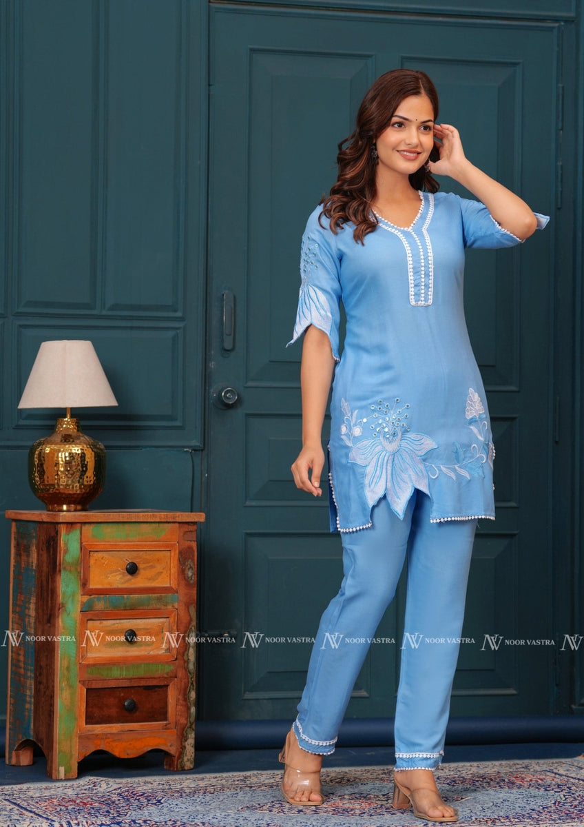 Blue Embroidered Kurti Set