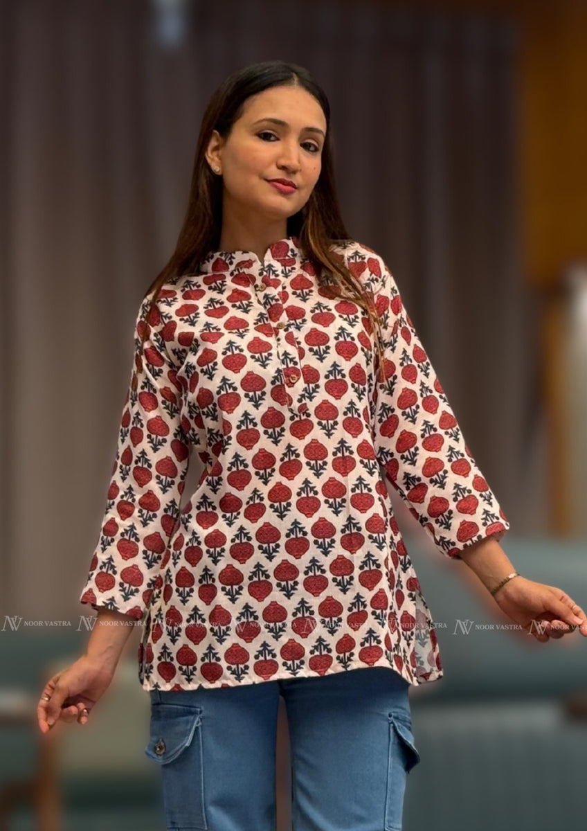 Red Flower Cotton Short Top
