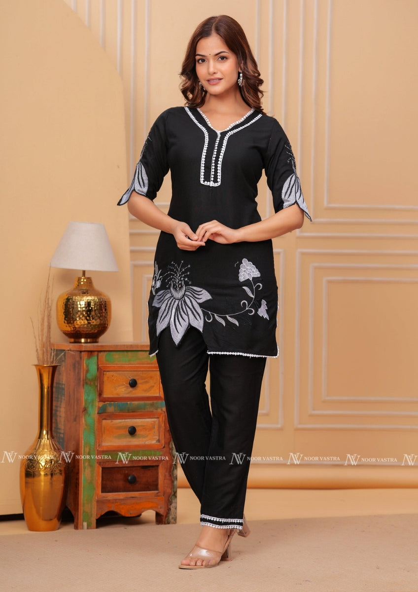 Black Embroidered Kurti Set