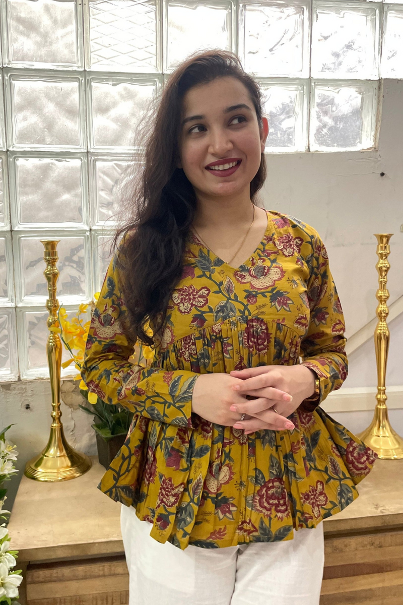 Yellow Printed Peplum Top