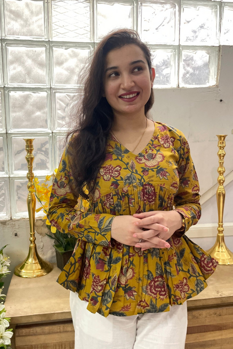 Yellow Printed Peplum Top