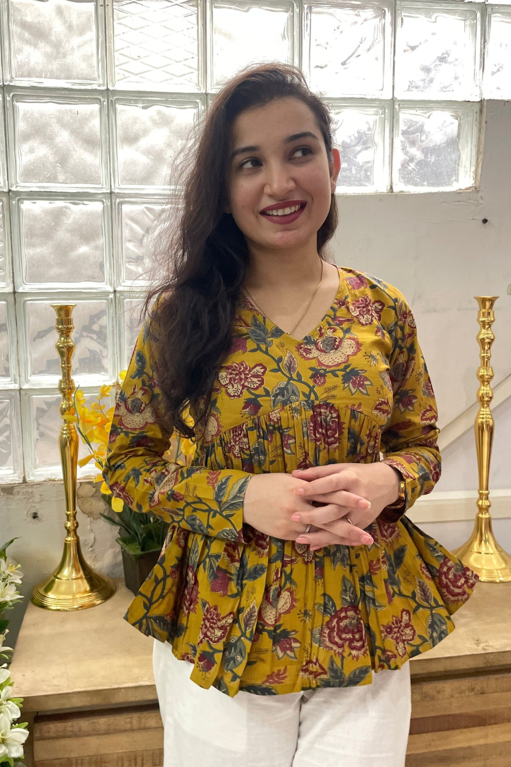 Yellow Printed Peplum Top