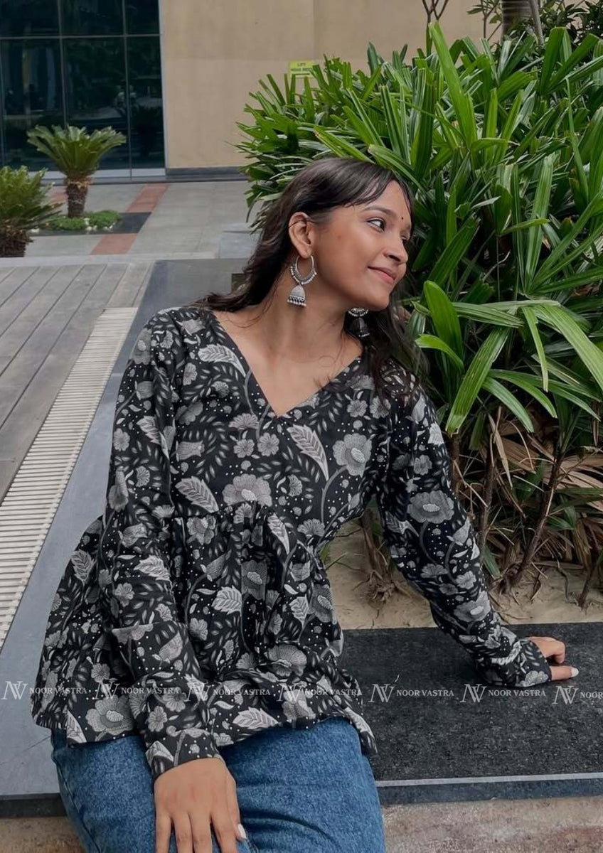 Black Floral Cotton Short Top
