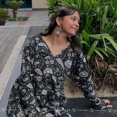 Black Floral Cotton Short Top