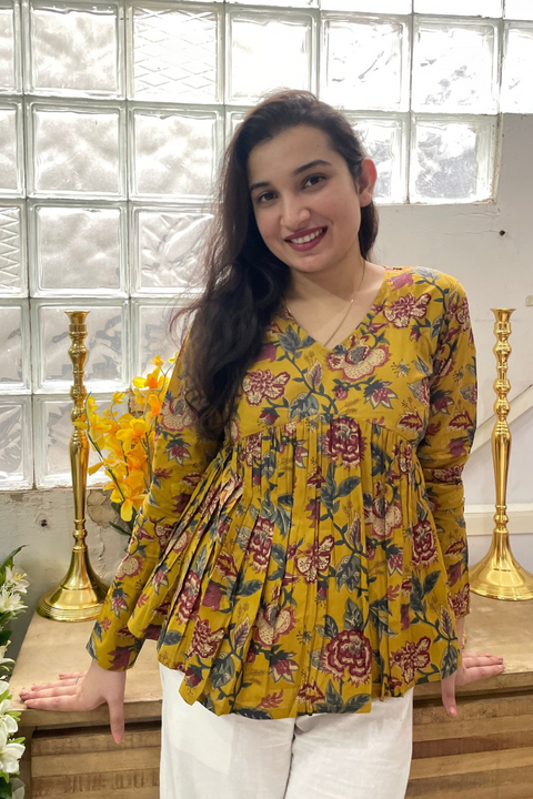 Yellow Printed Peplum Top