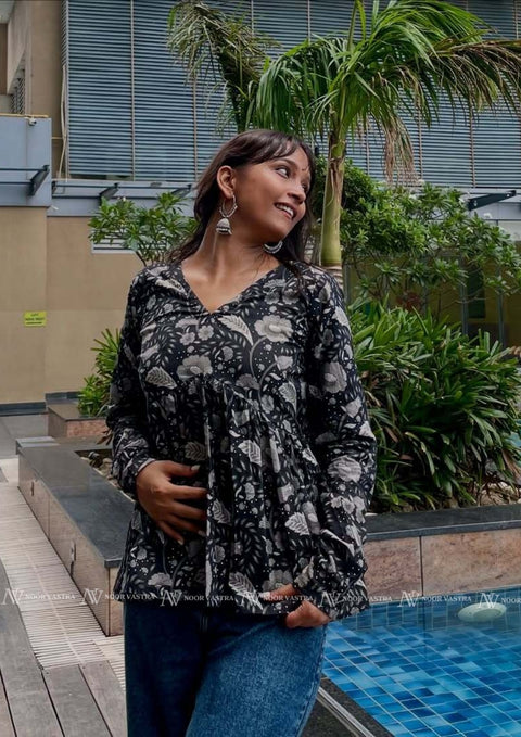 Black Floral Cotton Short Top