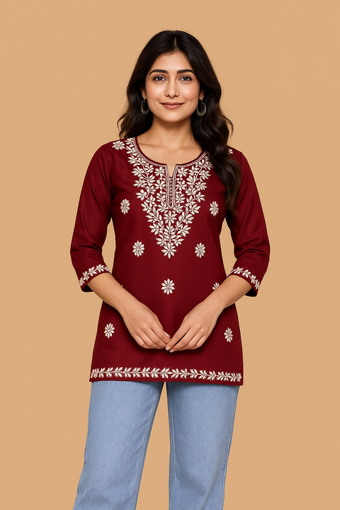 Maroon Bloom Embroidery Top